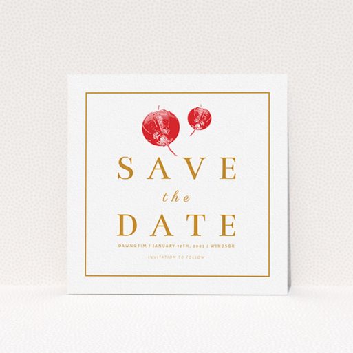A wedding save the date card design titled "Shanghai Nights". It is a square (148mm x 148mm) card in a square orientation. "Shanghai Nights" is available as a flat card, with tones of orange and white.