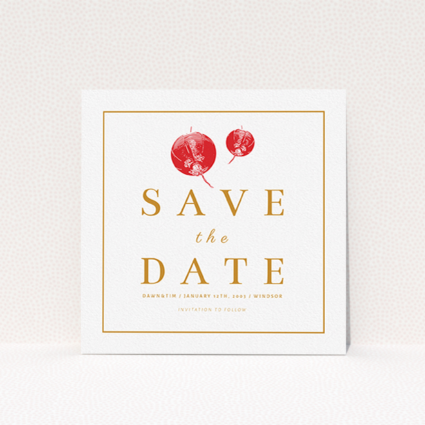 A wedding save the date card design titled "Shanghai Nights". It is a square (148mm x 148mm) card in a square orientation. "Shanghai Nights" is available as a flat card, with tones of orange and white.