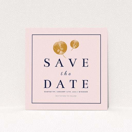 A wedding save the date card template titled "Shanghai Nights". It is a square (148mm x 148mm) card in a square orientation. "Shanghai Nights" is available as a flat card, with mainly pink colouring.