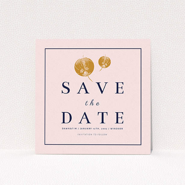 A wedding save the date card template titled "Shanghai Nights". It is a square (148mm x 148mm) card in a square orientation. "Shanghai Nights" is available as a flat card, with mainly pink colouring.