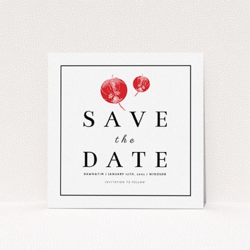 A wedding save the date card named "Shanghai Nights". It is a square (148mm x 148mm) card in a square orientation. "Shanghai Nights" is available as a flat card, with tones of red and white.