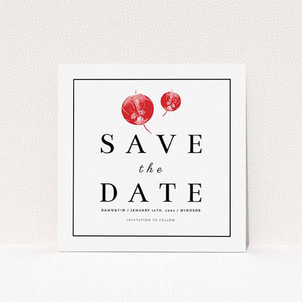 A wedding save the date card named "Shanghai Nights". It is a square (148mm x 148mm) card in a square orientation. "Shanghai Nights" is available as a flat card, with tones of red and white.
