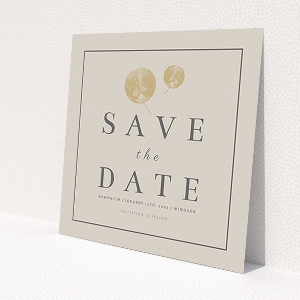 A wedding save the date card design named "Shanghai Nights". It is a square (148mm x 148mm) card in a square orientation. "Shanghai Nights" is available as a flat card, with tones of cream and navy blue.