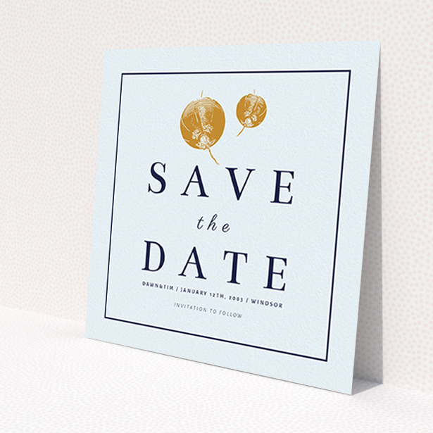 A wedding save the date card design titled 'Shanghai Nights'. It is a square (148mm x 148mm) card in a square orientation. 'Shanghai Nights' is available as a flat card, with tones of light blue and navy blue.