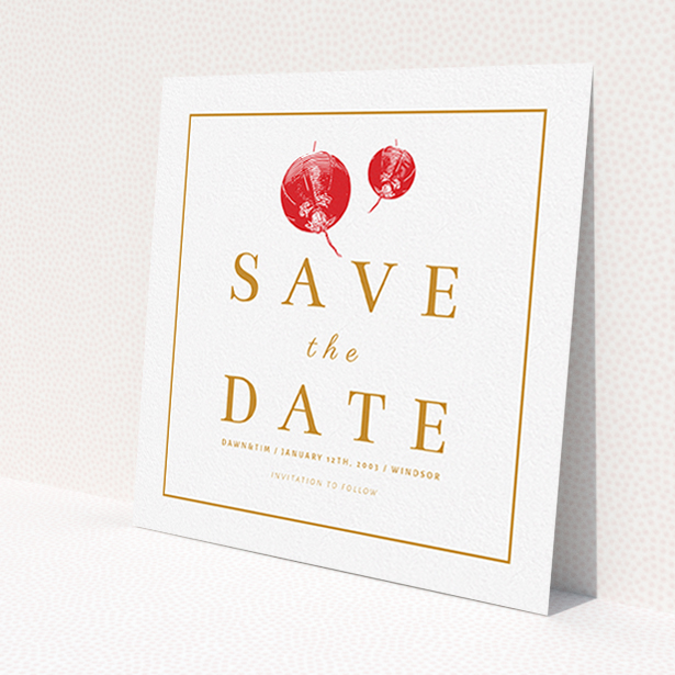 A wedding save the date card design titled 'Shanghai Nights'. It is a square (148mm x 148mm) card in a square orientation. 'Shanghai Nights' is available as a flat card, with tones of orange and white.