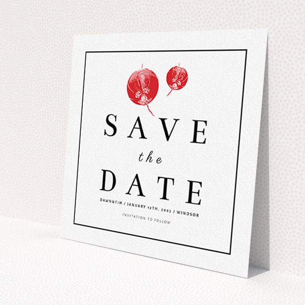 A wedding save the date card named 'Shanghai Nights'. It is a square (148mm x 148mm) card in a square orientation. 'Shanghai Nights' is available as a flat card, with tones of red and white.