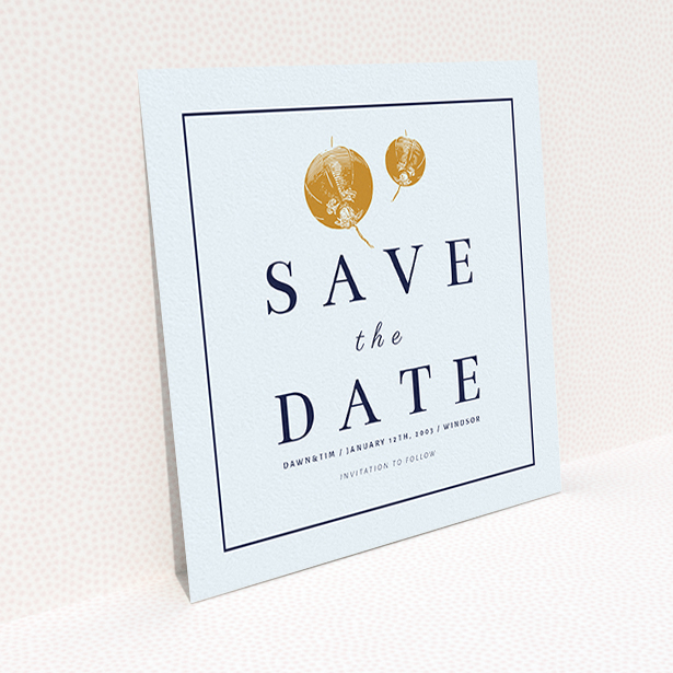A wedding save the date card design titled "Shanghai Nights". It is a square (148mm x 148mm) card in a square orientation. "Shanghai Nights" is available as a flat card, with tones of light blue and navy blue.