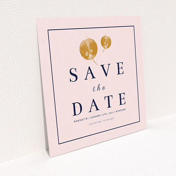 A wedding save the date card template titled "Shanghai Nights". It is a square (148mm x 148mm) card in a square orientation. "Shanghai Nights" is available as a flat card, with mainly pink colouring.
