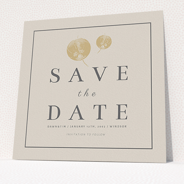 A wedding save the date card design named "Shanghai Nights". It is a square (148mm x 148mm) card in a square orientation. "Shanghai Nights" is available as a flat card, with tones of cream and navy blue.