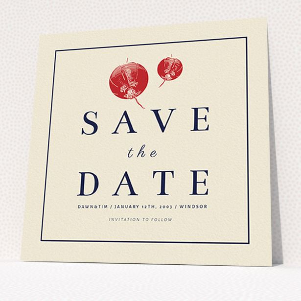 A wedding save the date card named "Shanghai Nights". It is a square (148mm x 148mm) card in a square orientation. "Shanghai Nights" is available as a flat card, with tones of cream and navy blue.