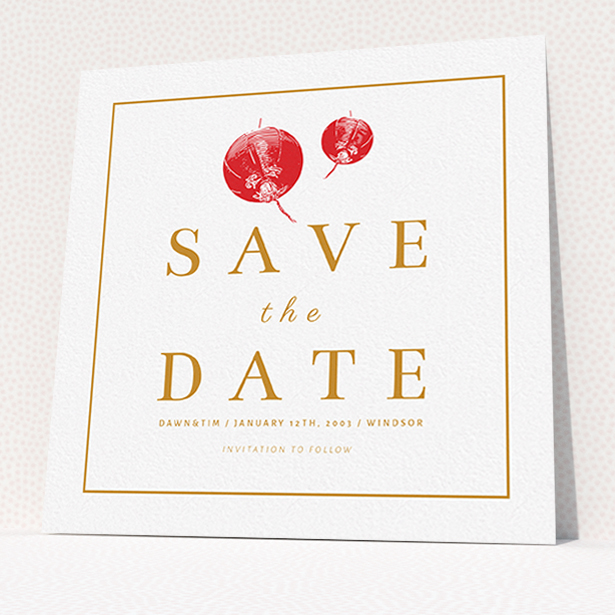 A wedding save the date card design titled "Shanghai Nights". It is a square (148mm x 148mm) card in a square orientation. "Shanghai Nights" is available as a flat card, with tones of orange and white.