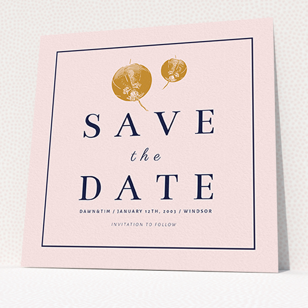 A wedding save the date card template titled "Shanghai Nights". It is a square (148mm x 148mm) card in a square orientation. "Shanghai Nights" is available as a flat card, with mainly pink colouring.