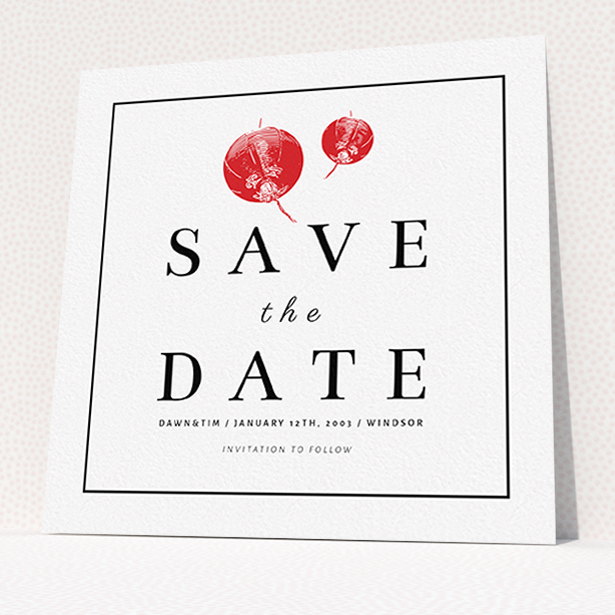 A wedding save the date card named "Shanghai Nights". It is a square (148mm x 148mm) card in a square orientation. "Shanghai Nights" is available as a flat card, with tones of red and white.