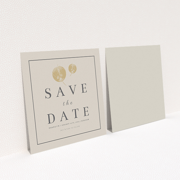 A wedding save the date card design named "Shanghai Nights". It is a square (148mm x 148mm) card in a square orientation. "Shanghai Nights" is available as a flat card, with tones of cream and navy blue.