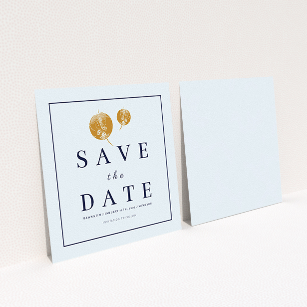 A wedding save the date card design titled "Shanghai Nights". It is a square (148mm x 148mm) card in a square orientation. "Shanghai Nights" is available as a flat card, with tones of light blue and navy blue.
