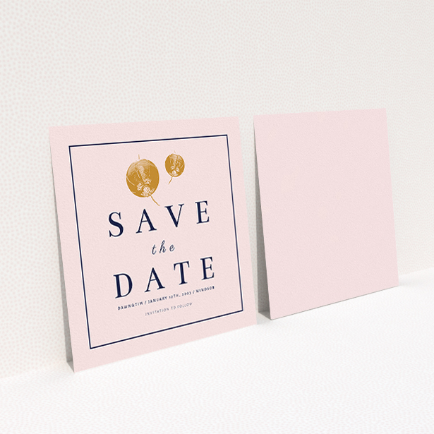 A wedding save the date card template titled "Shanghai Nights". It is a square (148mm x 148mm) card in a square orientation. "Shanghai Nights" is available as a flat card, with mainly pink colouring.