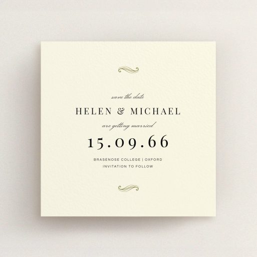 A wedding save the date card template titled "Simple flourish". It is a square (148mm x 148mm) card in a square orientation. "Simple flourish" is available as a flat card, with tones of cream and gold.