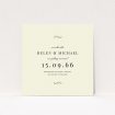A wedding save the date card template titled "Simple flourish". It is a square (148mm x 148mm) card in a square orientation. "Simple flourish" is available as a flat card, with tones of cream and gold.