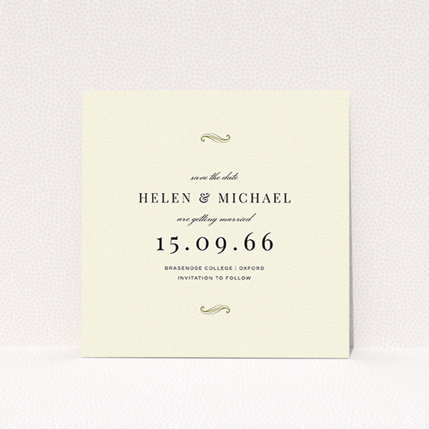 A wedding save the date card template titled "Simple flourish". It is a square (148mm x 148mm) card in a square orientation. "Simple flourish" is available as a flat card, with tones of cream and gold.