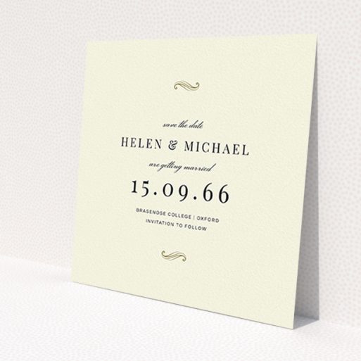 A wedding save the date card template titled 'Simple flourish'. It is a square (148mm x 148mm) card in a square orientation. 'Simple flourish' is available as a flat card, with tones of cream and gold.