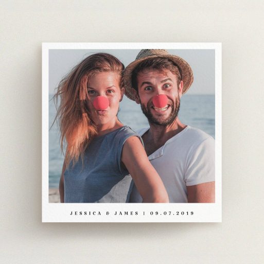 A wedding save the date card named "Simple Save". It is a square (148mm x 148mm) card in a square orientation. It is a photographic wedding save the date card with room for 1 photo. "Simple Save" is available as a flat card, with mainly white colouring.