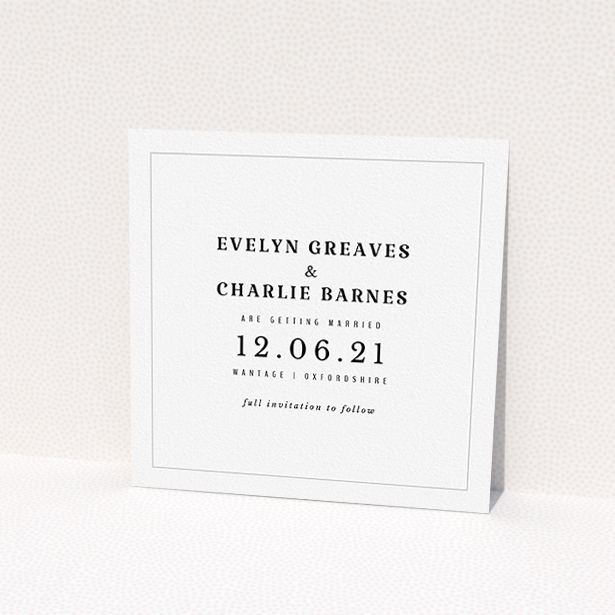 A wedding save the date card named "Simple Save". It is a square (148mm x 148mm) card in a square orientation. It is a photographic wedding save the date card with room for 1 photo. "Simple Save" is available as a flat card, with mainly white colouring.