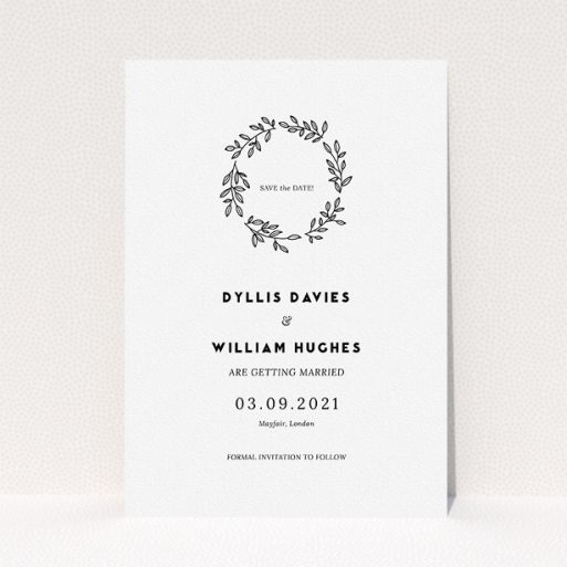 A wedding save the date card template titled "Simple Wreath". It is an A5 card in a portrait orientation. "Simple Wreath" is available as a flat card, with mainly white colouring.