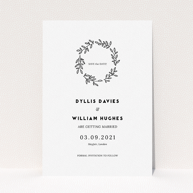 A wedding save the date card template titled "Simple Wreath". It is an A5 card in a portrait orientation. "Simple Wreath" is available as a flat card, with mainly white colouring.