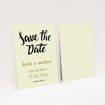A wedding save the date card called "Simply Black Typography Pen". It is an A6 card in a portrait orientation. "Simply Black Typography Pen" is available as a flat card, with tones of cream, gold and black.
