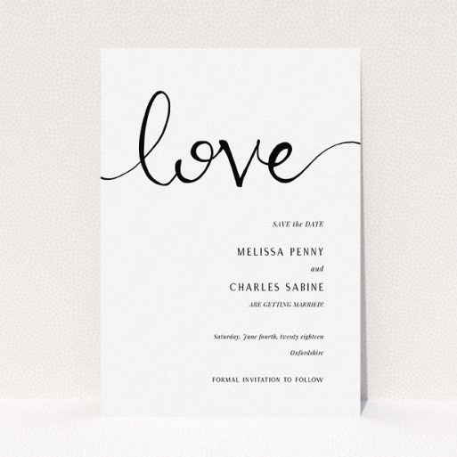 A wedding save the date card template titled "Simply Love". It is an A5 card in a portrait orientation. "Simply Love" is available as a flat card, with tones of white and black.