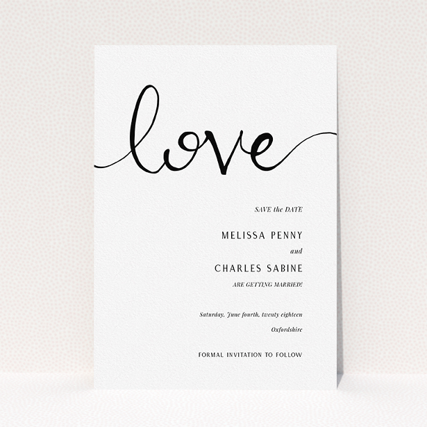 A wedding save the date card template titled "Simply Love". It is an A5 card in a portrait orientation. "Simply Love" is available as a flat card, with tones of white and black.