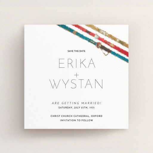 A wedding save the date card design called "Ski pass". It is a square (148mm x 148mm) card in a square orientation. "Ski pass" is available as a flat card, with tones of white, blue and red.