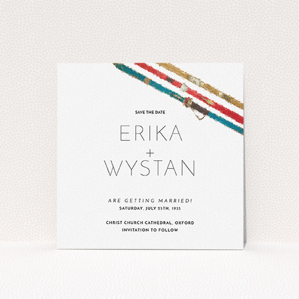A wedding save the date card design called "Ski pass". It is a square (148mm x 148mm) card in a square orientation. "Ski pass" is available as a flat card, with tones of white, blue and red.