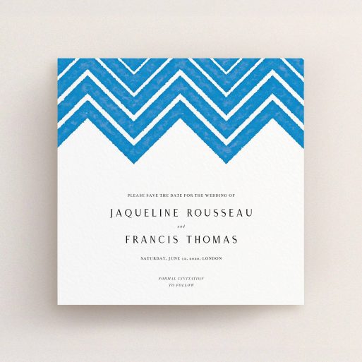 A wedding save the date card design titled "Skiapthos". It is a square (148mm x 148mm) card in a square orientation. "Skiapthos" is available as a flat card, with tones of blue and white.