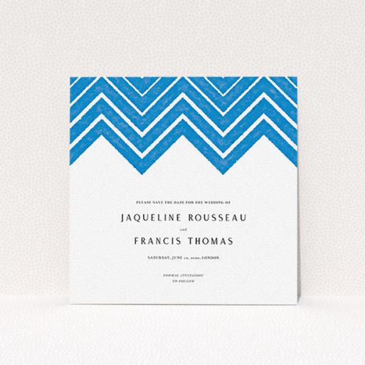 A wedding save the date card design titled "Skiapthos". It is a square (148mm x 148mm) card in a square orientation. "Skiapthos" is available as a flat card, with tones of blue and white.