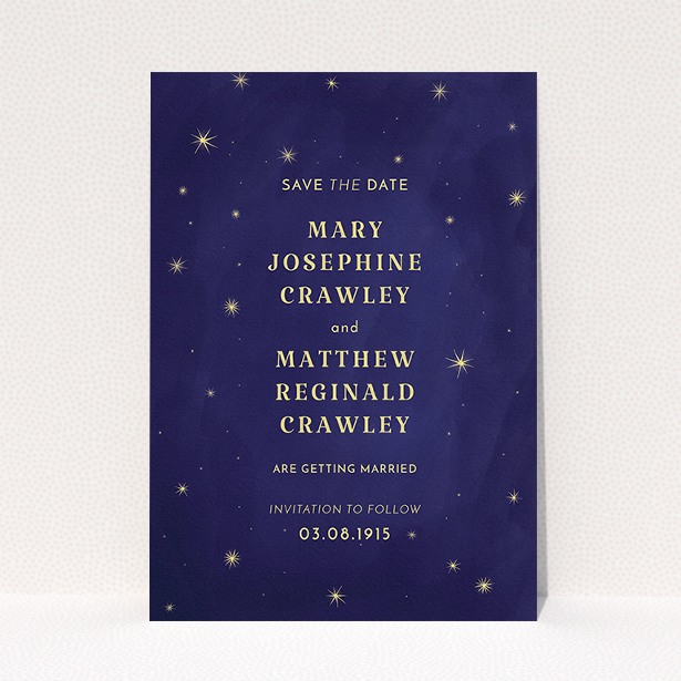 A wedding save the date card template titled "Sky at night". It is an A5 card in a portrait orientation. "Sky at night" is available as a flat card, with tones of midnight blue and yellow.