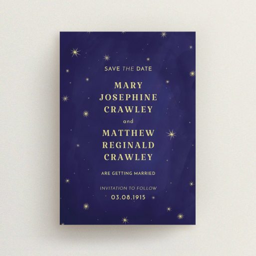 A wedding save the date card template titled "Sky at night". It is an A6 card in a portrait orientation. "Sky at night" is available as a flat card, with tones of midnight blue and yellow.