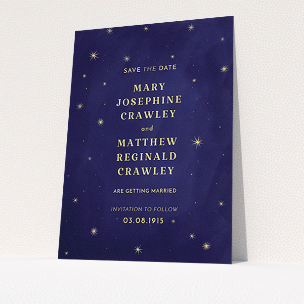A wedding save the date card template titled "Sky at night". It is an A6 card in a portrait orientation. "Sky at night" is available as a flat card, with tones of midnight blue and yellow.