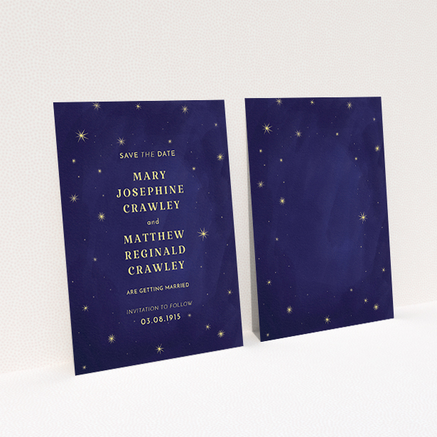 A wedding save the date card template titled "Sky at night". It is an A6 card in a portrait orientation. "Sky at night" is available as a flat card, with tones of midnight blue and yellow.