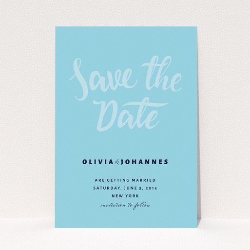 A wedding save the date card template titled "Sky on Blue Typography". It is an A5 card in a portrait orientation. "Sky on Blue Typography" is available as a flat card, with mainly blue colouring.