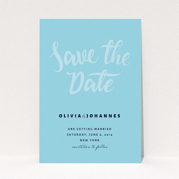 A wedding save the date card template titled "Sky on Blue Typography". It is an A5 card in a portrait orientation. "Sky on Blue Typography" is available as a flat card, with mainly blue colouring.
