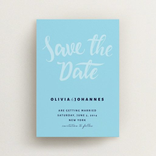 A wedding save the date card template titled "Sky on Blue Typography". It is an A6 card in a portrait orientation. "Sky on Blue Typography" is available as a flat card, with mainly blue colouring.
