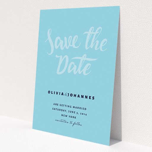 A wedding save the date card template titled 'Sky on Blue Typography'. It is an A6 card in a portrait orientation. 'Sky on Blue Typography' is available as a flat card, with mainly blue colouring.