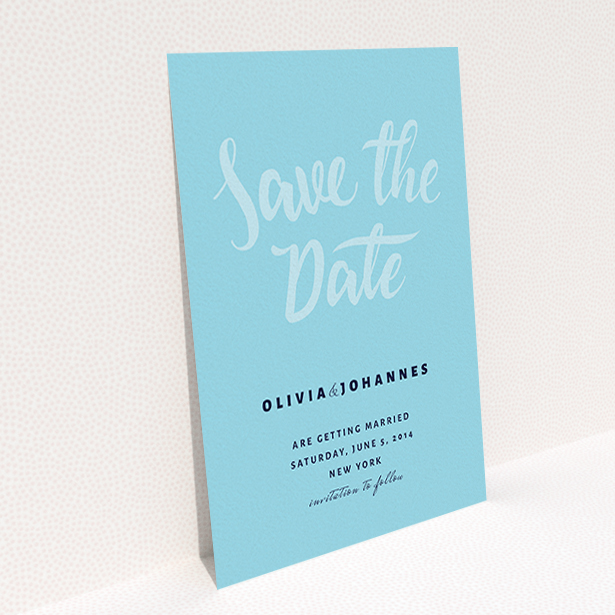 A wedding save the date card template titled "Sky on Blue Typography". It is an A6 card in a portrait orientation. "Sky on Blue Typography" is available as a flat card, with mainly blue colouring.
