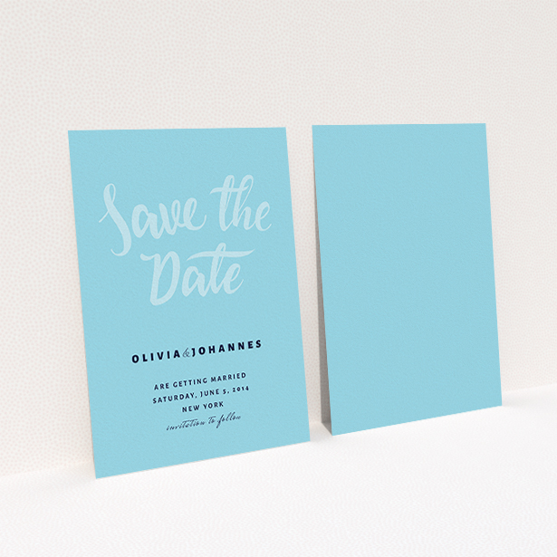 A wedding save the date card template titled "Sky on Blue Typography". It is an A6 card in a portrait orientation. "Sky on Blue Typography" is available as a flat card, with mainly blue colouring.