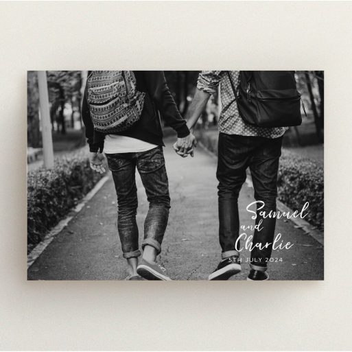 A wedding save the date card template titled "Soho Script". It is an A5 card in a landscape orientation. It is a photographic wedding save the date card with room for 1 photo. "Soho Script" is available as a flat card, with mainly white colouring.