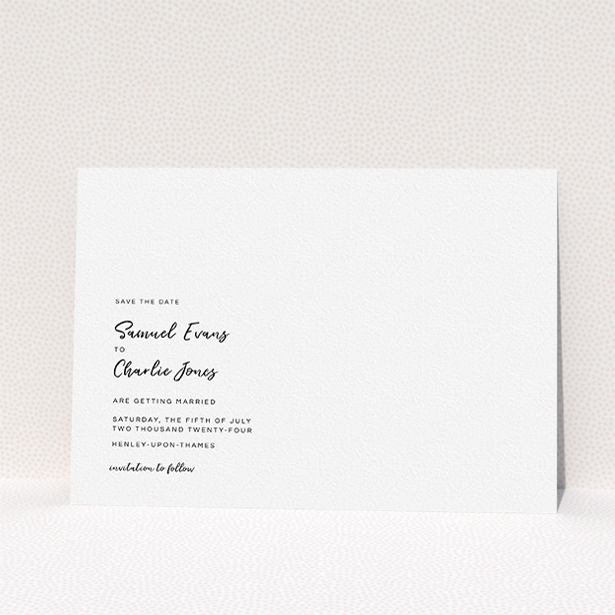 A wedding save the date card template titled "Soho Script". It is an A5 card in a landscape orientation. It is a photographic wedding save the date card with room for 1 photo. "Soho Script" is available as a flat card, with mainly white colouring.