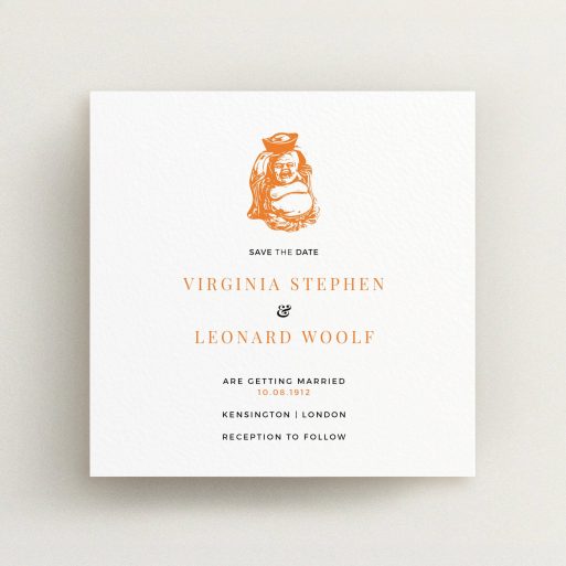 A wedding save the date card design called "Spiritual orange". It is a square (148mm x 148mm) card in a square orientation. "Spiritual orange" is available as a flat card, with tones of white and orange.
