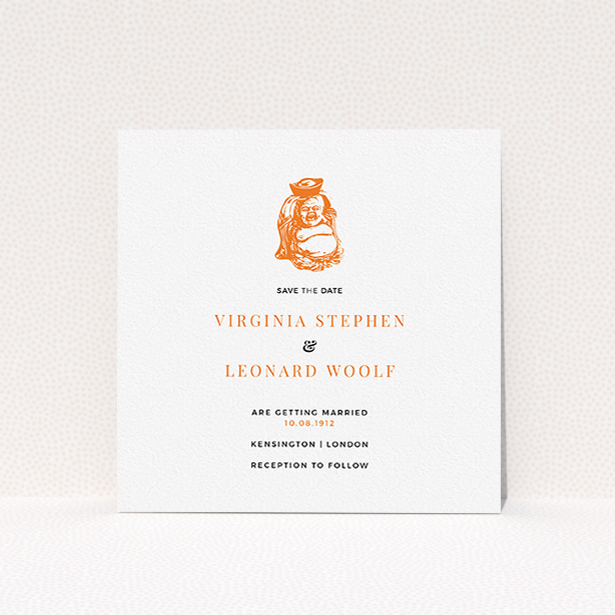A wedding save the date card design called "Spiritual orange". It is a square (148mm x 148mm) card in a square orientation. "Spiritual orange" is available as a flat card, with tones of white and orange.