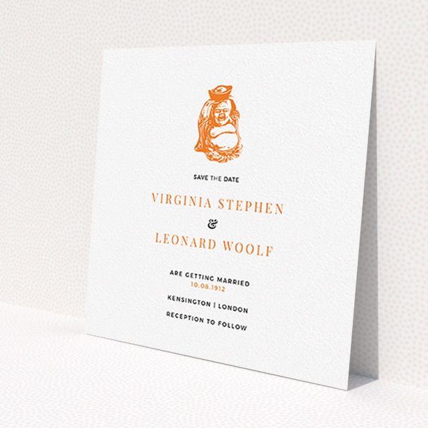 A wedding save the date card design called 'Spiritual orange'. It is a square (148mm x 148mm) card in a square orientation. 'Spiritual orange' is available as a flat card, with tones of white and orange.